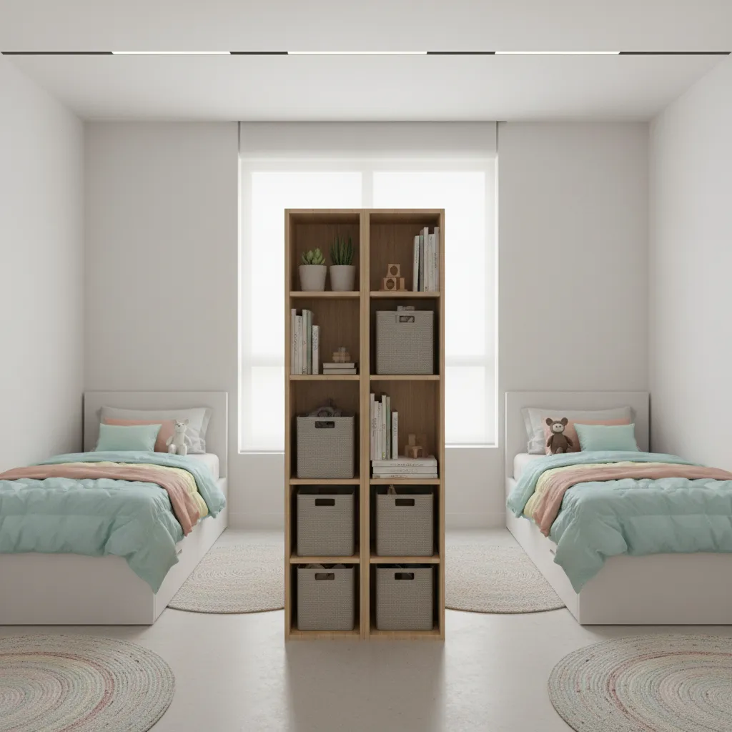 Kids bedroom with shelving divider between two beds