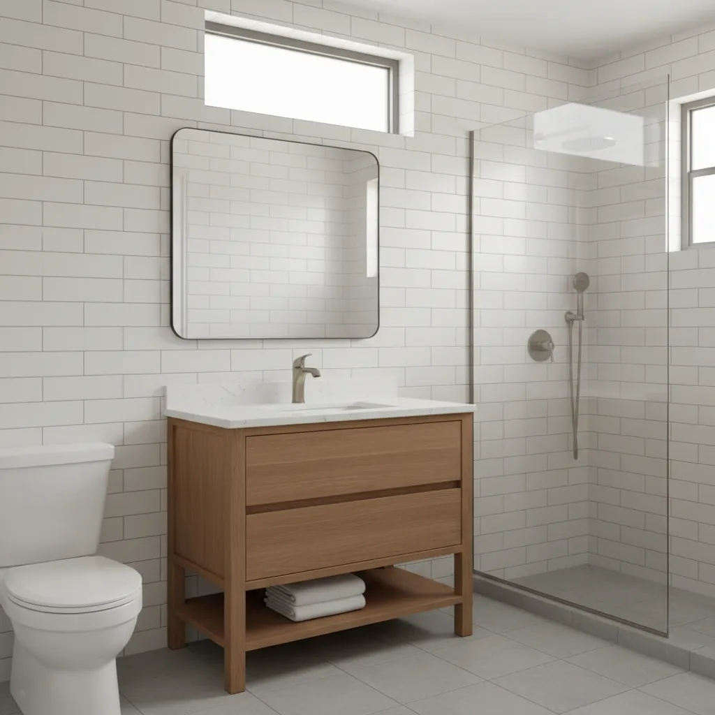 Neutral boys bathroom with white subway tile and wood vanity designed for long term use