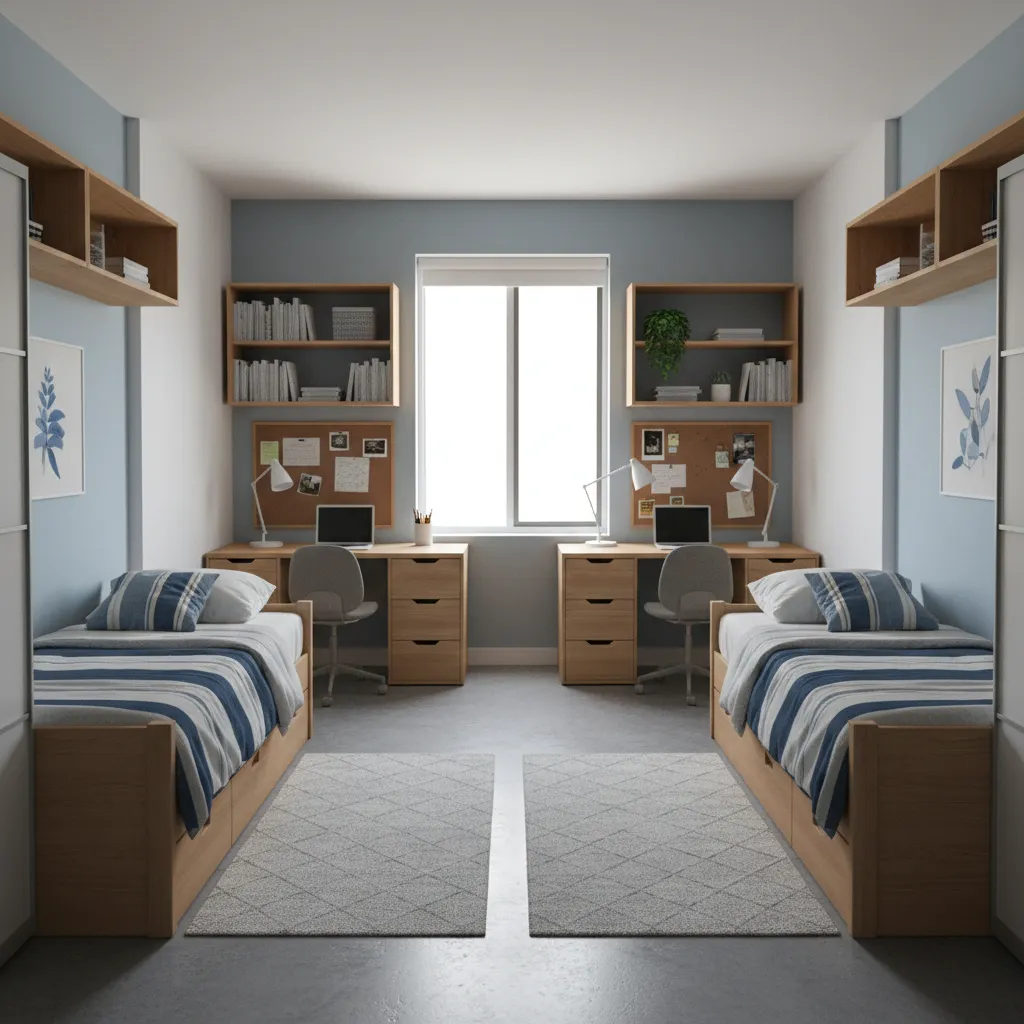 shared dorm room layout with two beds desks and balanced storage areas
