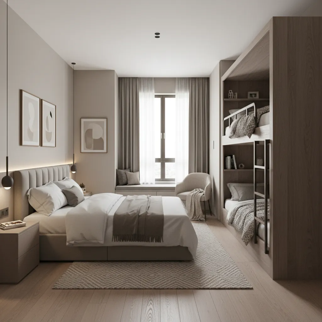 Shared bedroom with separate sleeping zones for parents and children