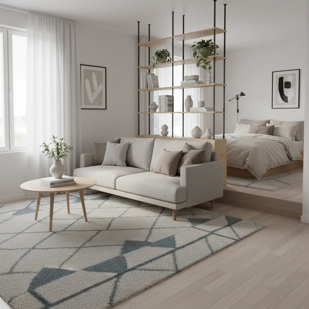 Small apartment living room divided into sleeping and activity zones using rugs and shelving