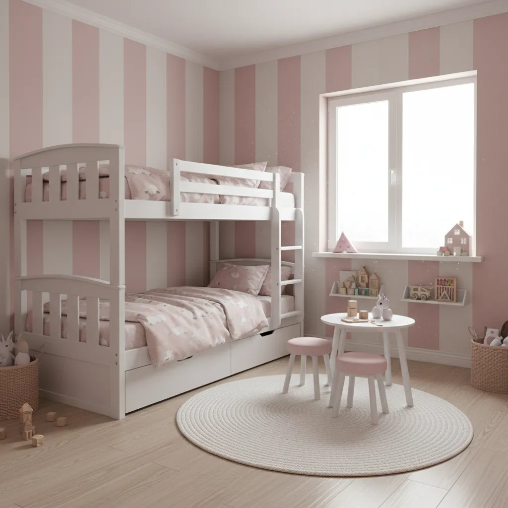 Small shared girls bedroom with bunk beds and pastel decor