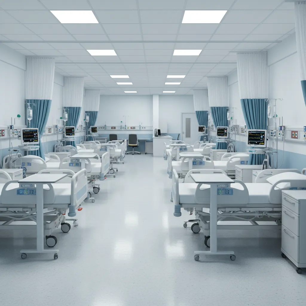 Shared hospital ward with multiple beds and monitoring equipment