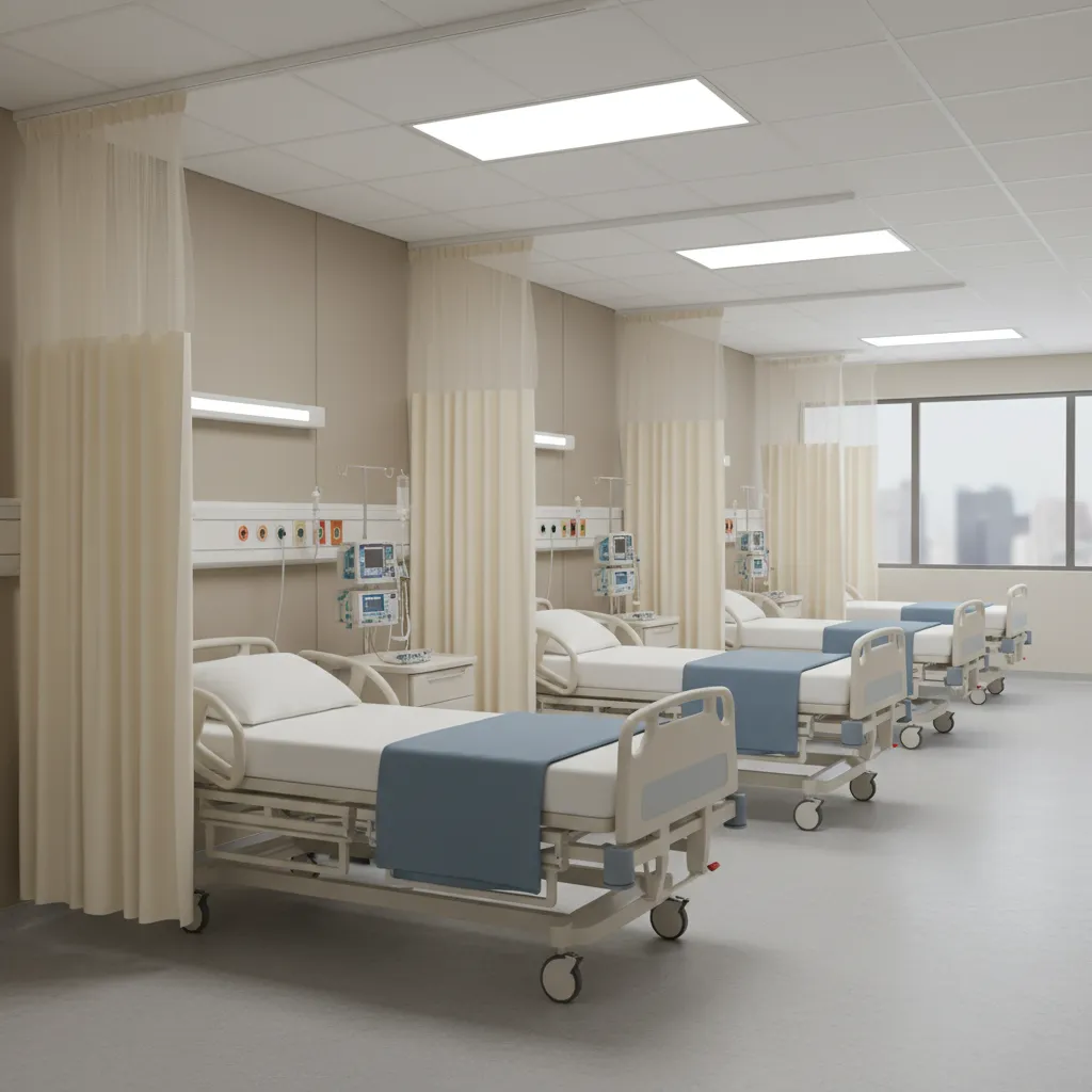 Shared hospital ward with multiple patient beds separated by curtains