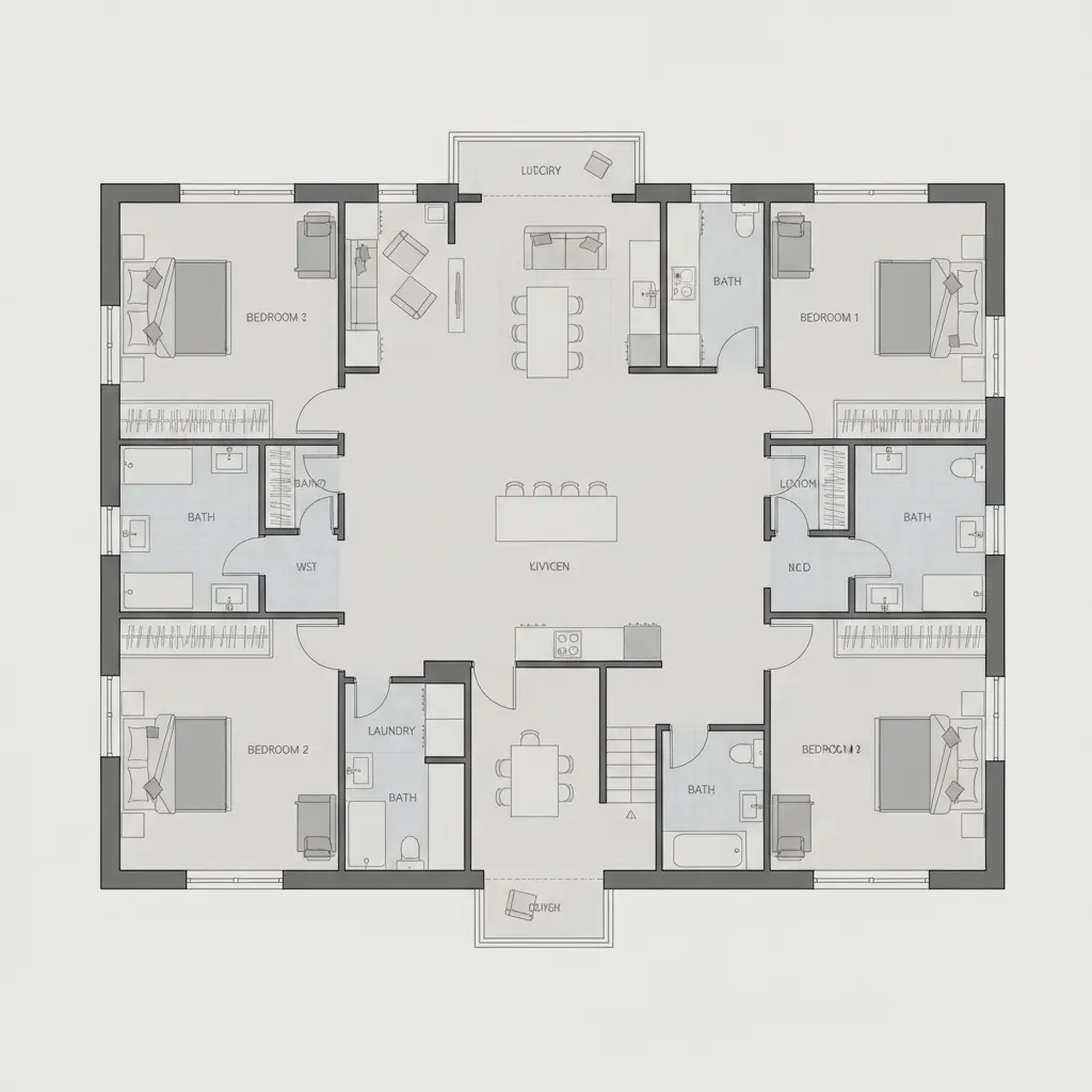 Simple floor layout of shared rental house showing multiple bedrooms
