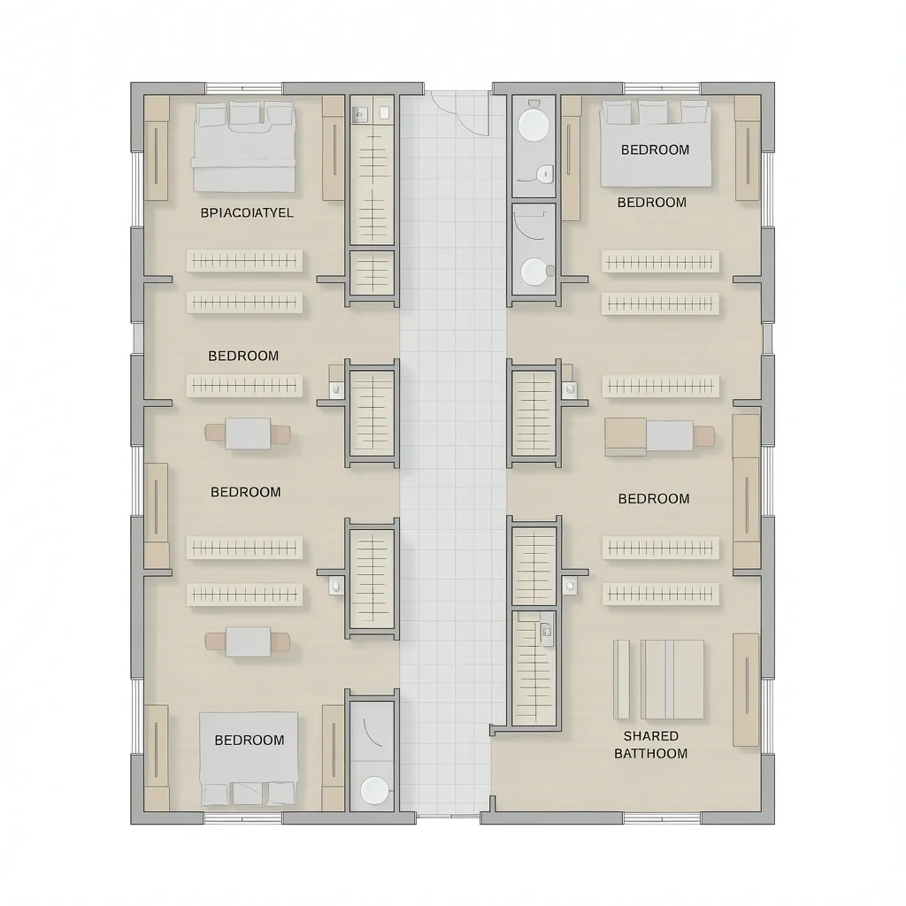 Shared housing floor layout showing multiple bedrooms around a central hallway