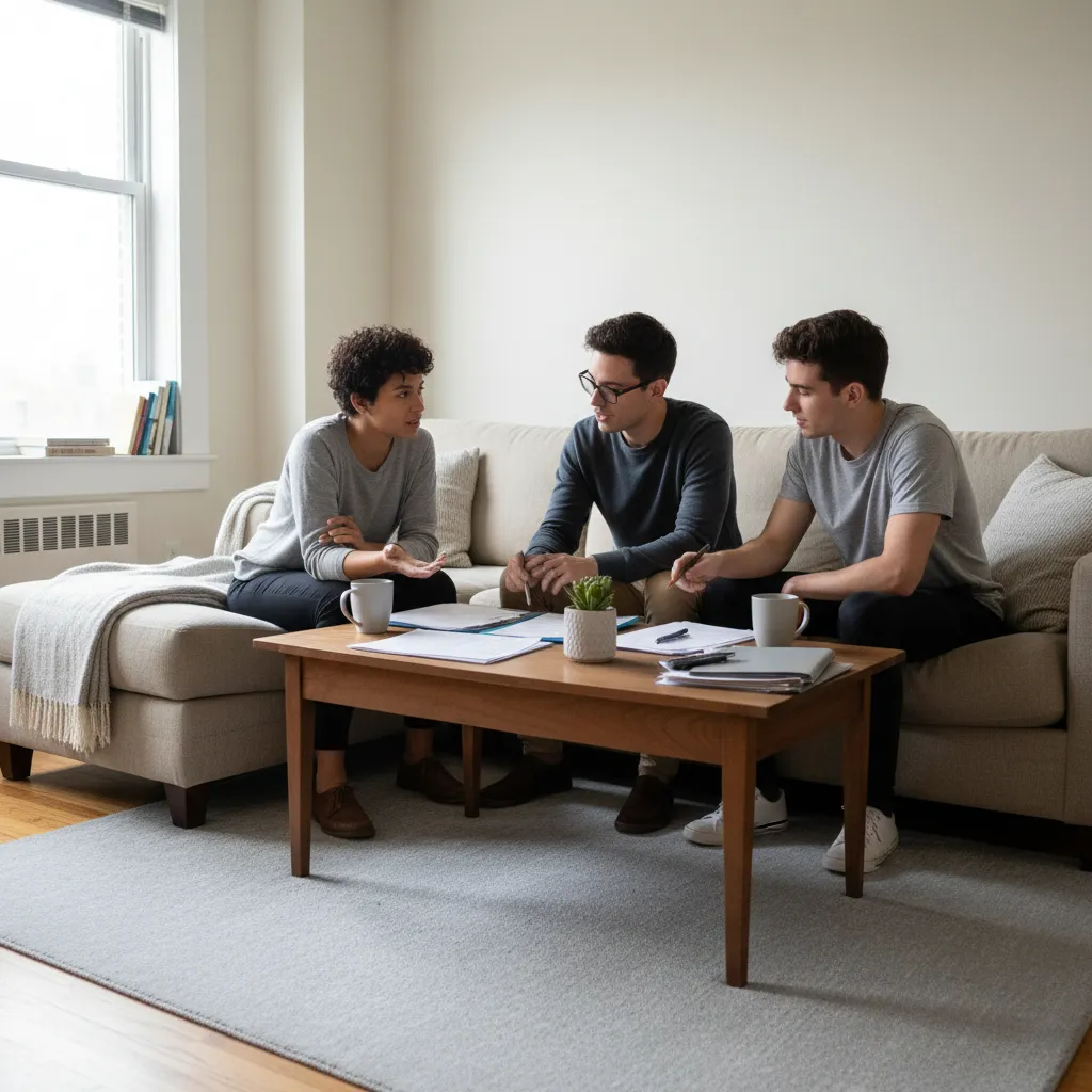 Shared housing living room with multiple tenants discussing rental agreement