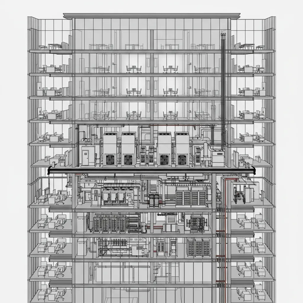 modern office tower mechanical and shared infrastructure systems diagram within building section