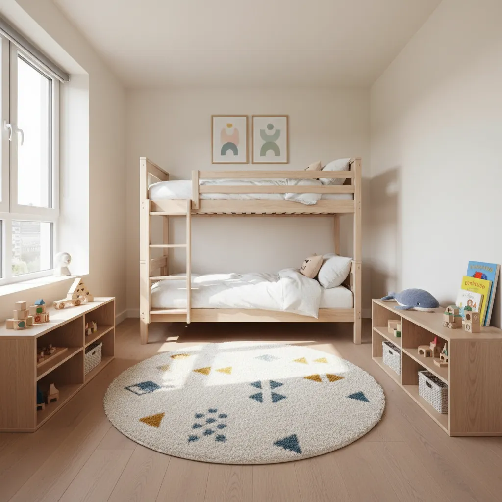 Shared kids bedroom with bunk bed and open play area layout