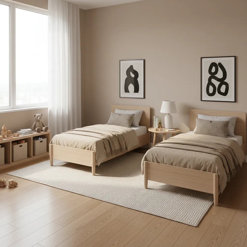 Shared bedroom design with two kids beds and neutral decor for siblings