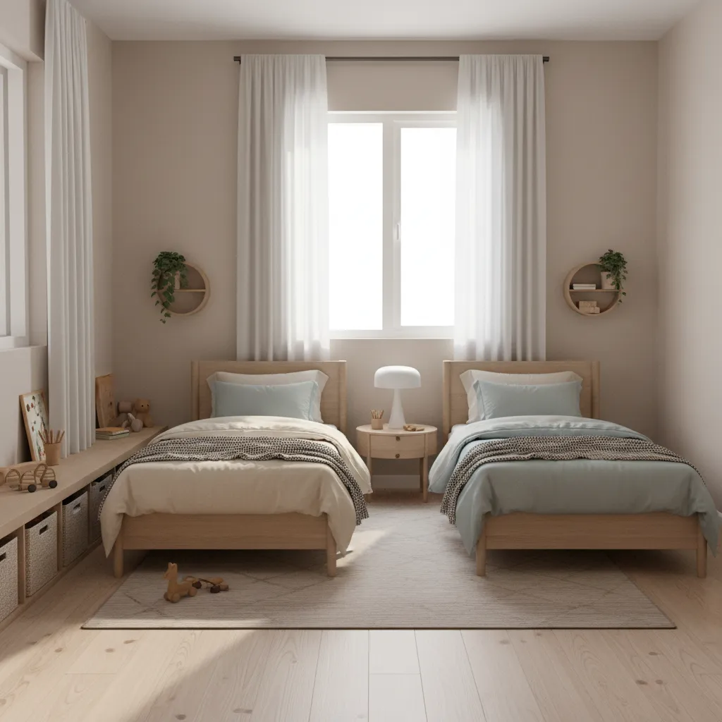 Neutral boy and girl shared bedroom with two beds and organized layout