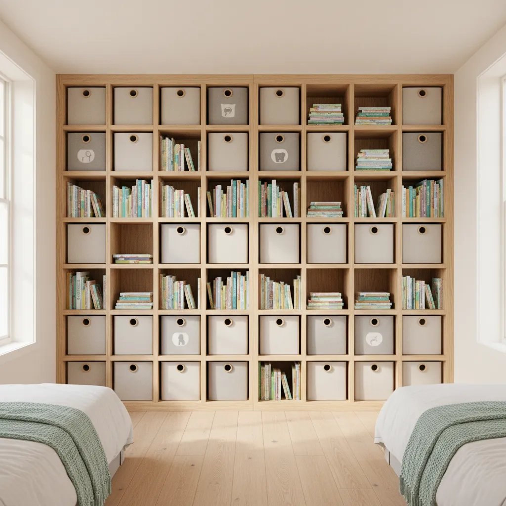 Organized storage wall with labeled bins and shelves in shared kids bedroom