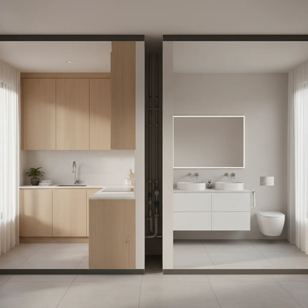 Kitchen and bathroom positioned back to back sharing a central plumbing wall
