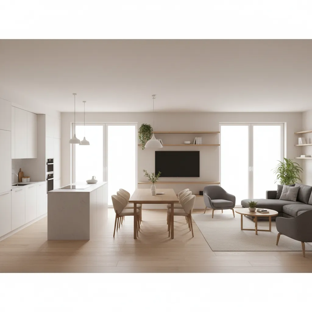 Shared kitchen and living area layout in a multi roommate house