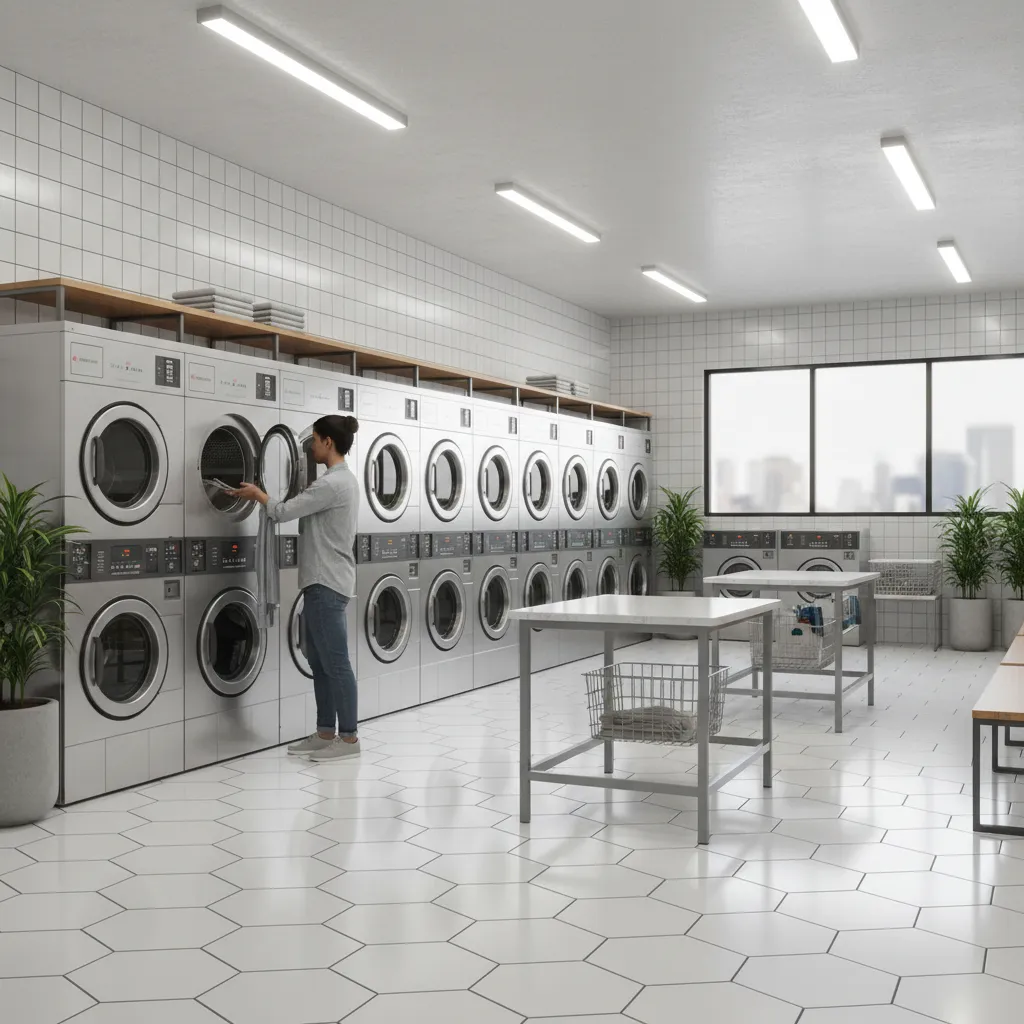 User loading clothes into a front loading washing machine in a shared laundromat