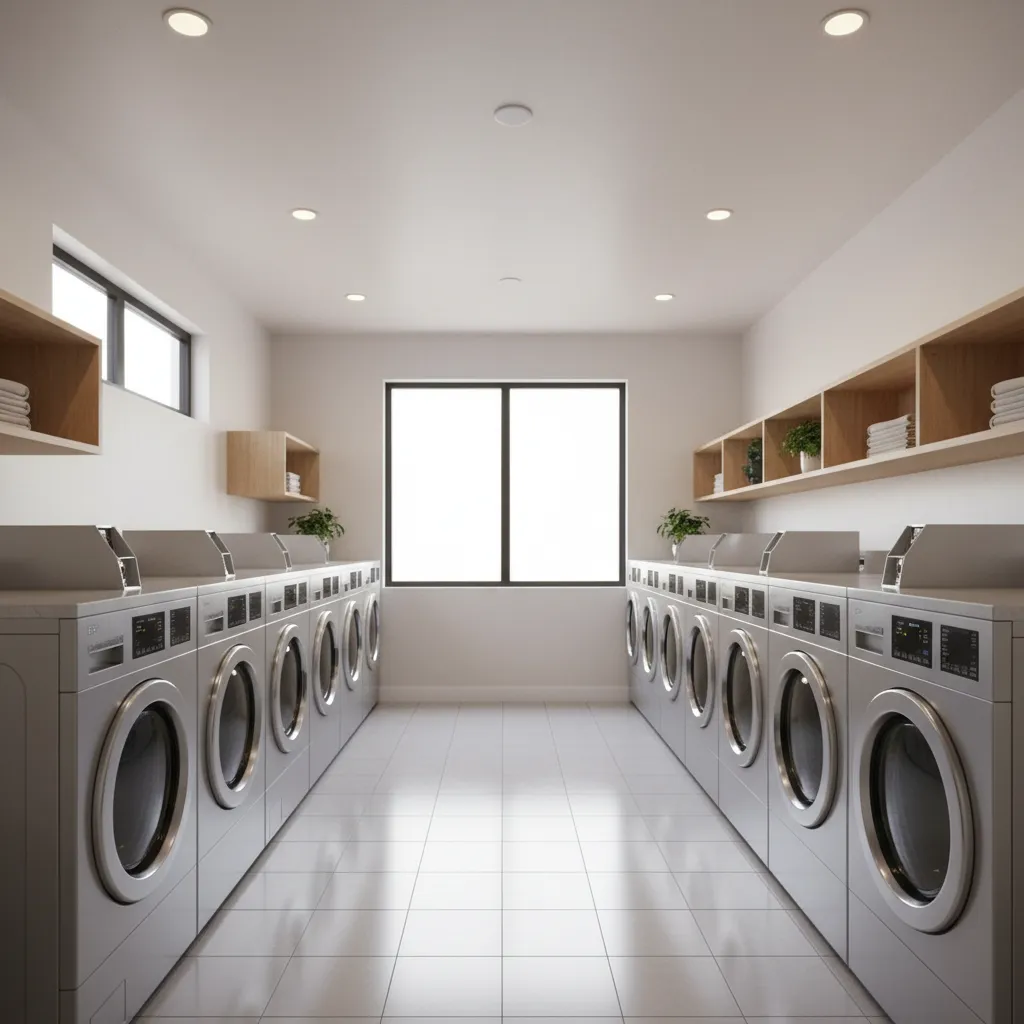Typical apartment laundry room with washing machines and neutral lighting
