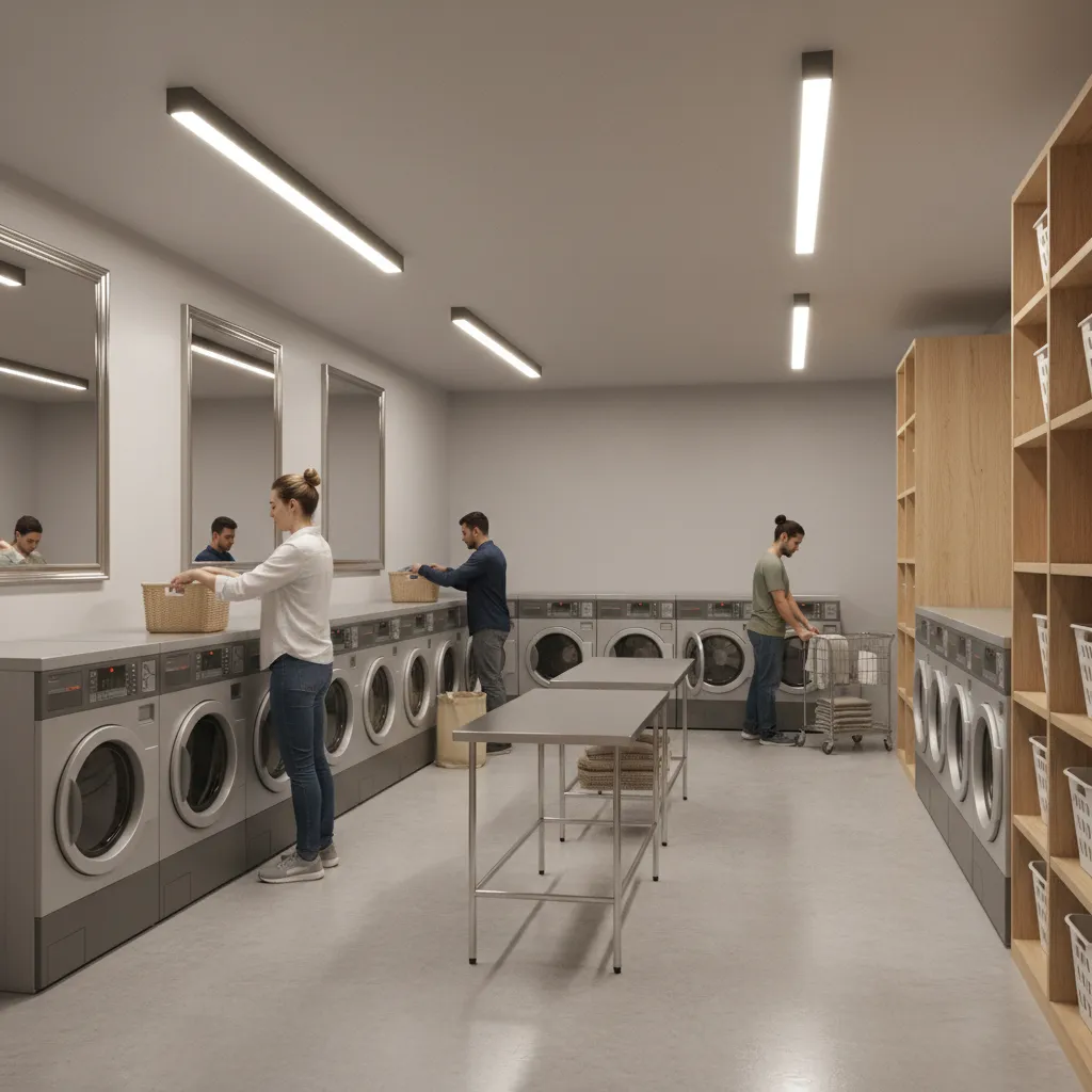Busy apartment shared laundry room with multiple residents using washers