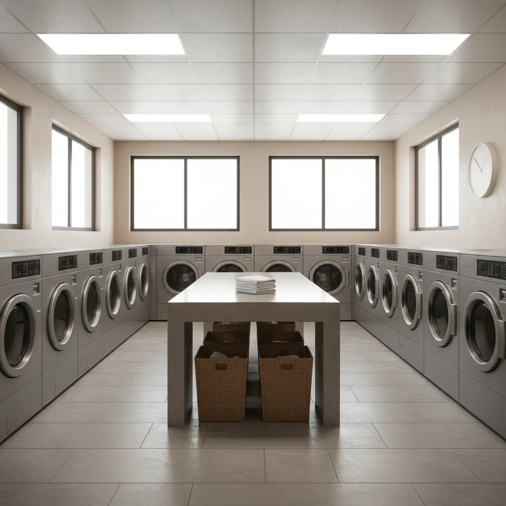 Modern shared laundry room with rows of washing machines and a central table with baskets