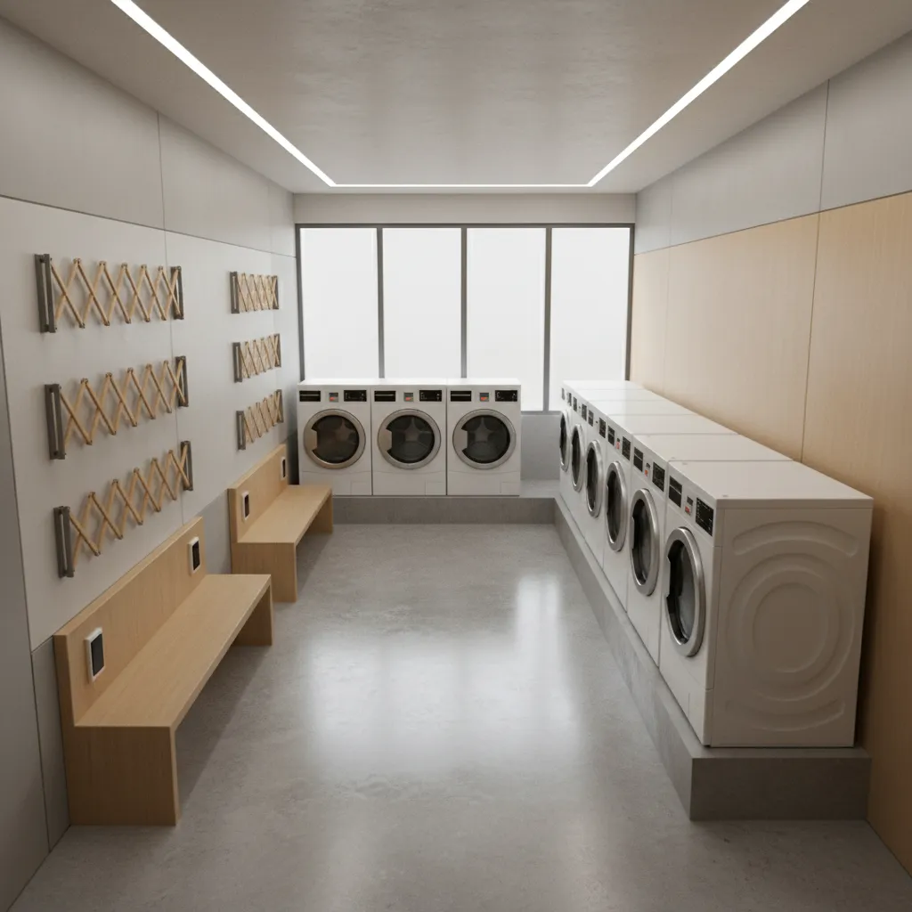 Layout example of shared laundry room with accordion drying racks placed along side wall
