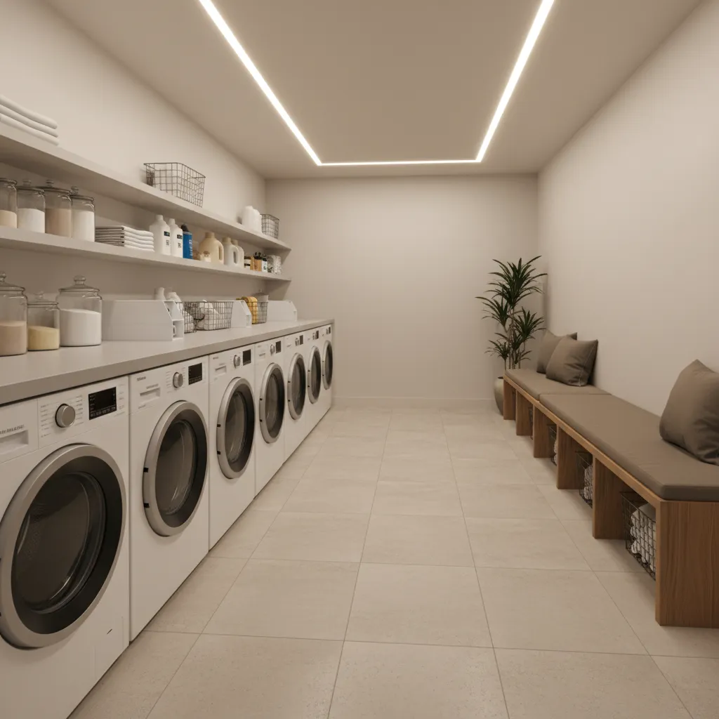 shared apartment laundry room with multiple washing machines in a clean organized space