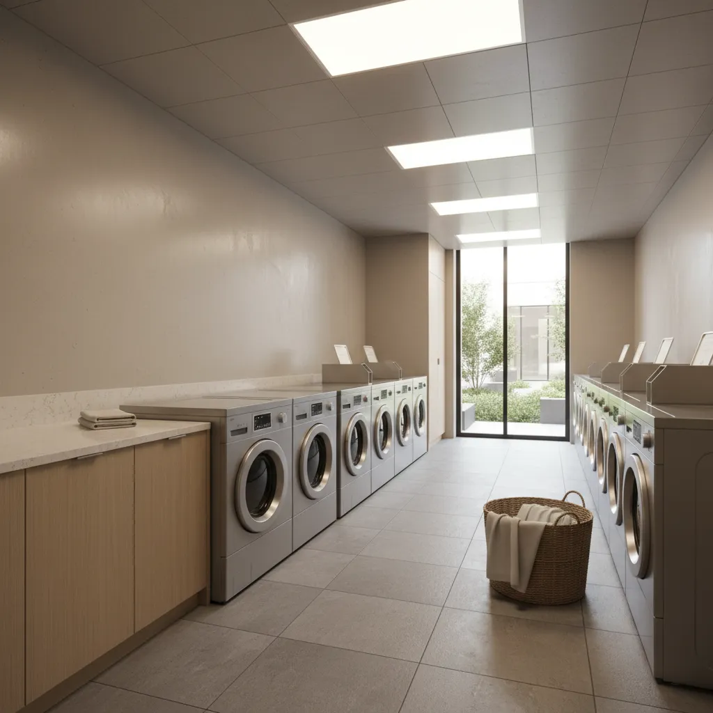 Shared apartment laundry room with multiple washing machines and dryers