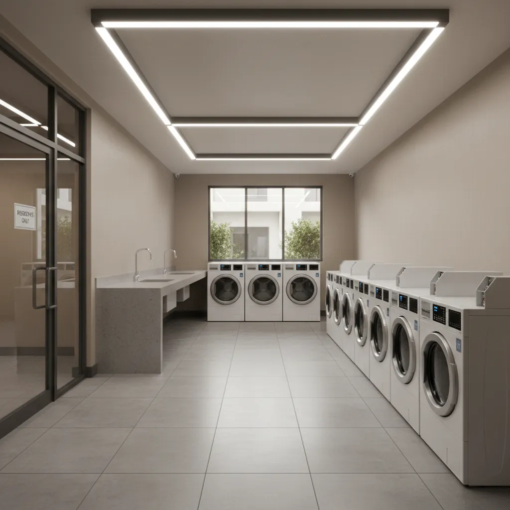 apartment building shared laundry room interior with washers dryers and seating area