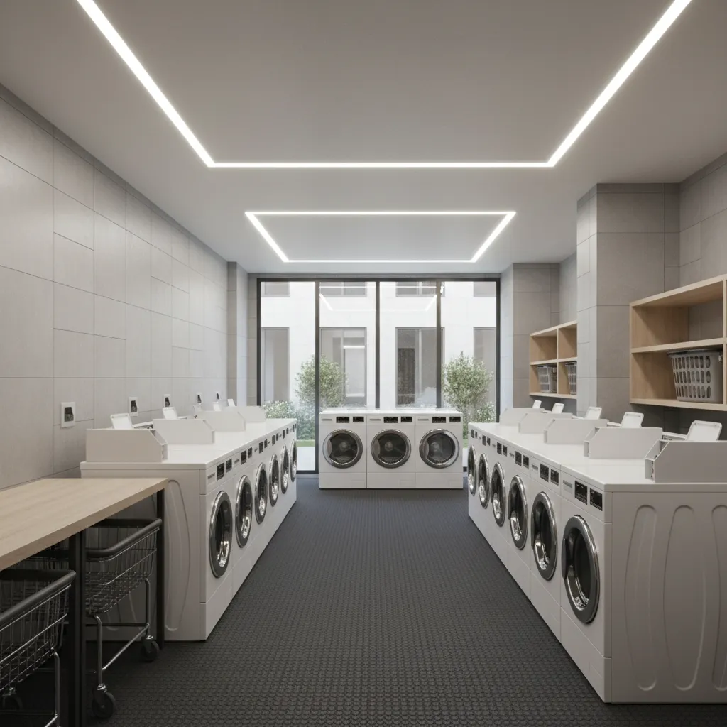 Apartment building shared laundry room with rubber flooring