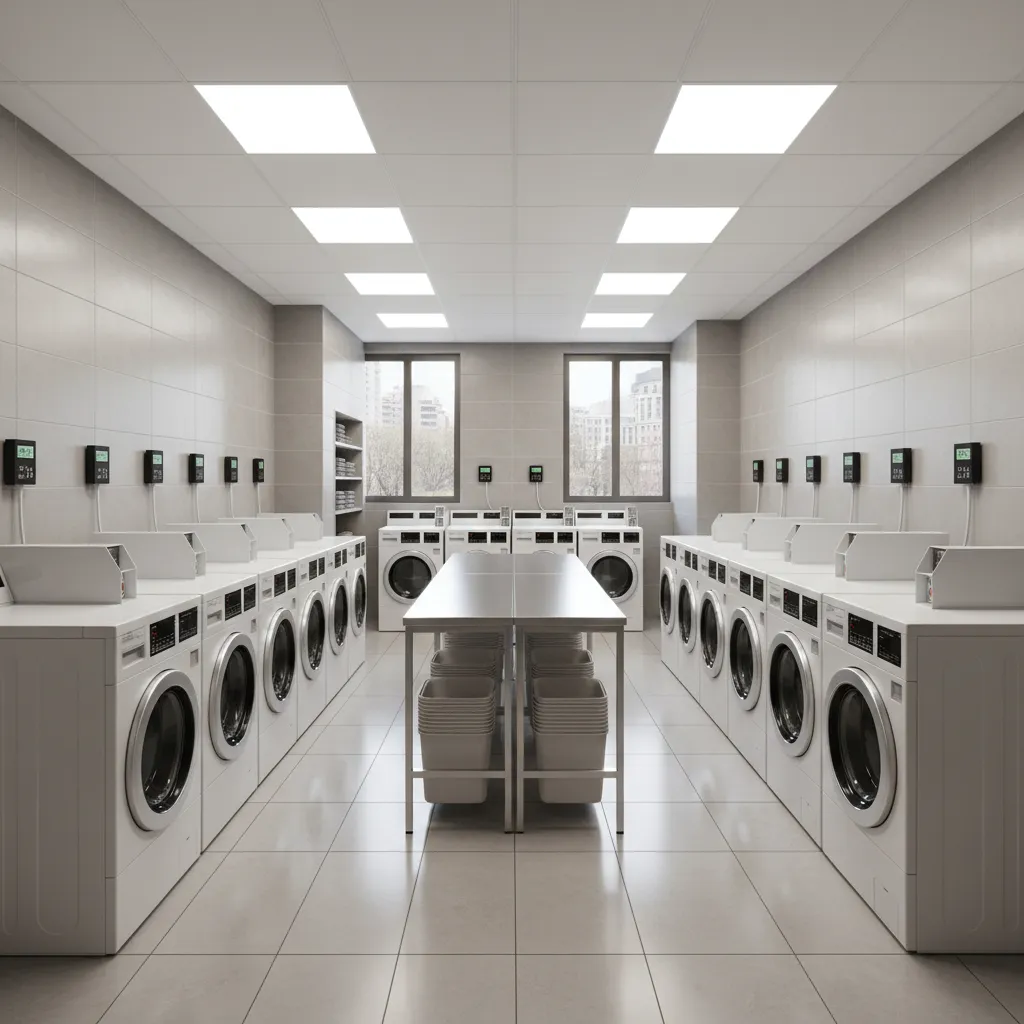 Shared apartment laundry room with multiple washers connected to timer control outlets