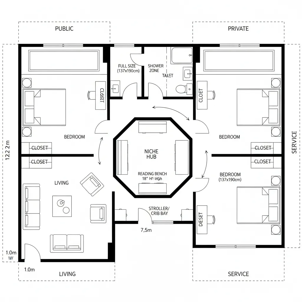Top-down CAD plan showing a central niche hub flanked by two bedrooms with a bath beyond