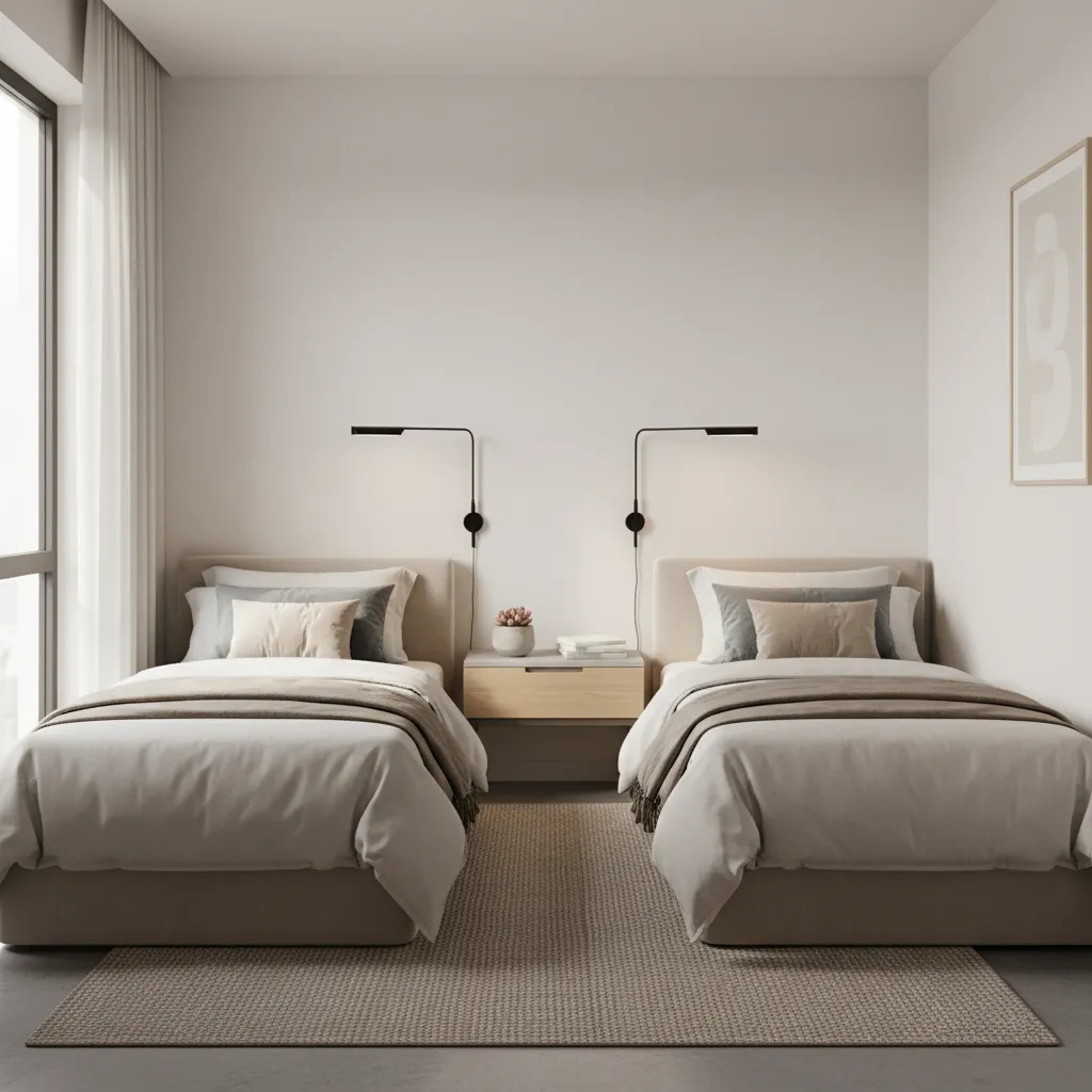 Two twin beds sharing a narrow nightstand between them