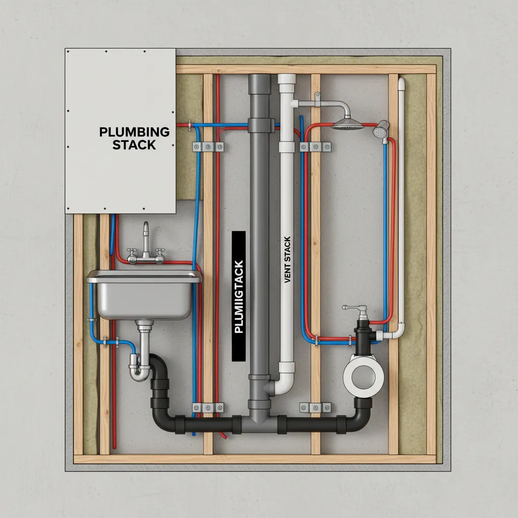 Diagram showing plumbing pipes inside shared kitchen bathroom wall