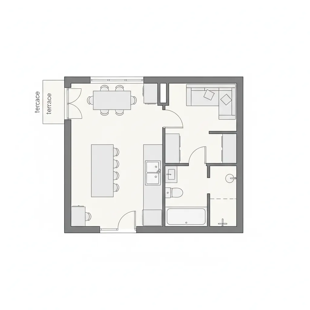 Simple floor plan showing kitchen and bathroom sharing the same plumbing wall