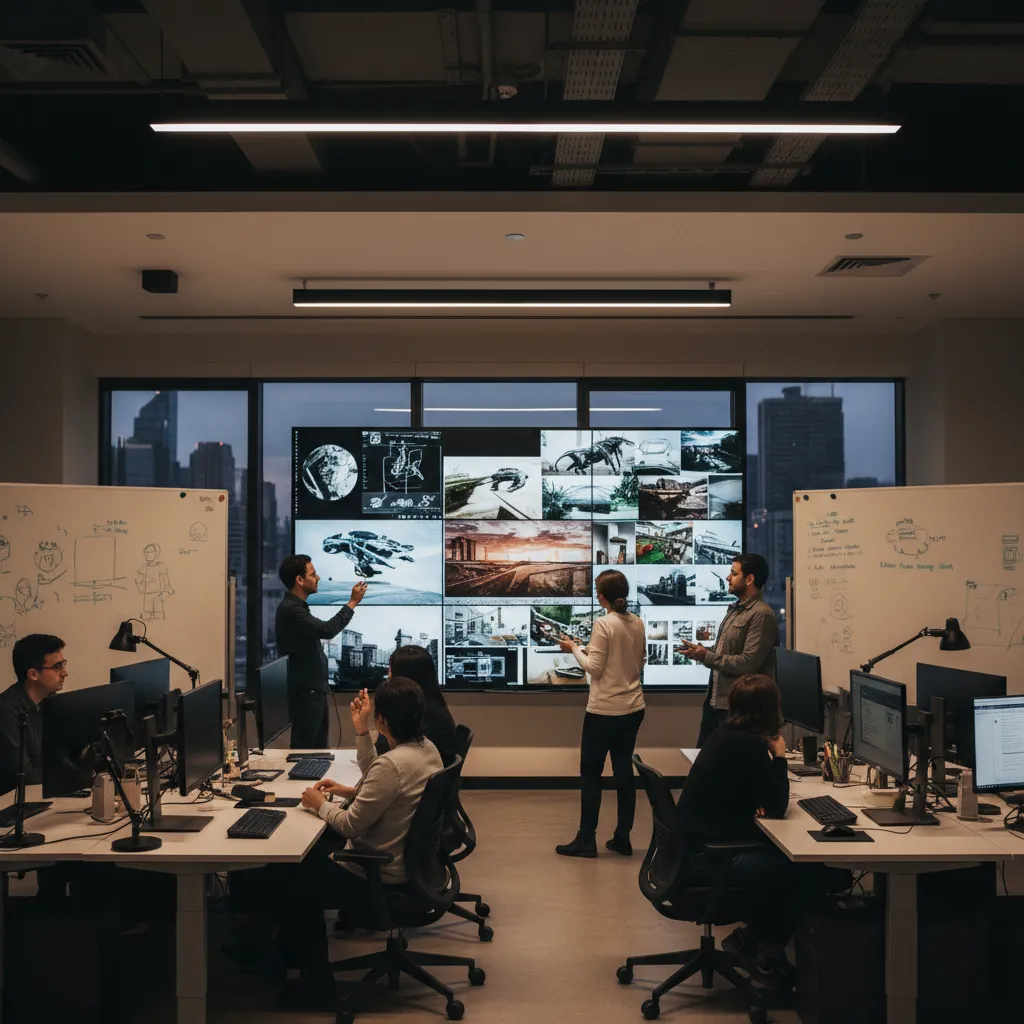 team of digital artists reviewing a shared reference board during production planning