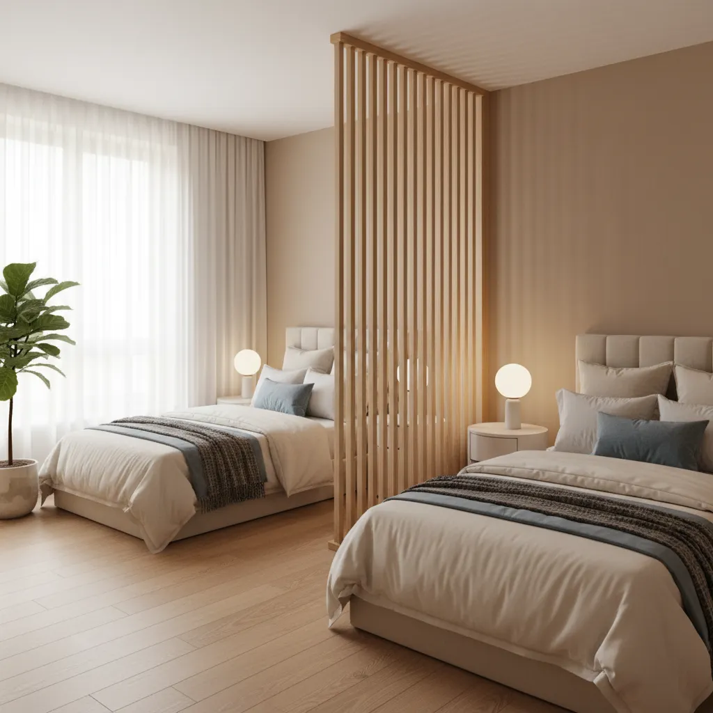 Shared bedroom with partition divider creating two private sleeping spaces