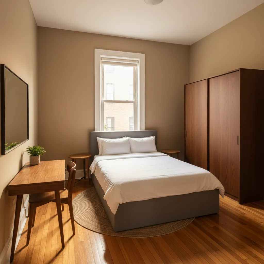 Furnished bedroom in a shared Baltimore row house used for room rental