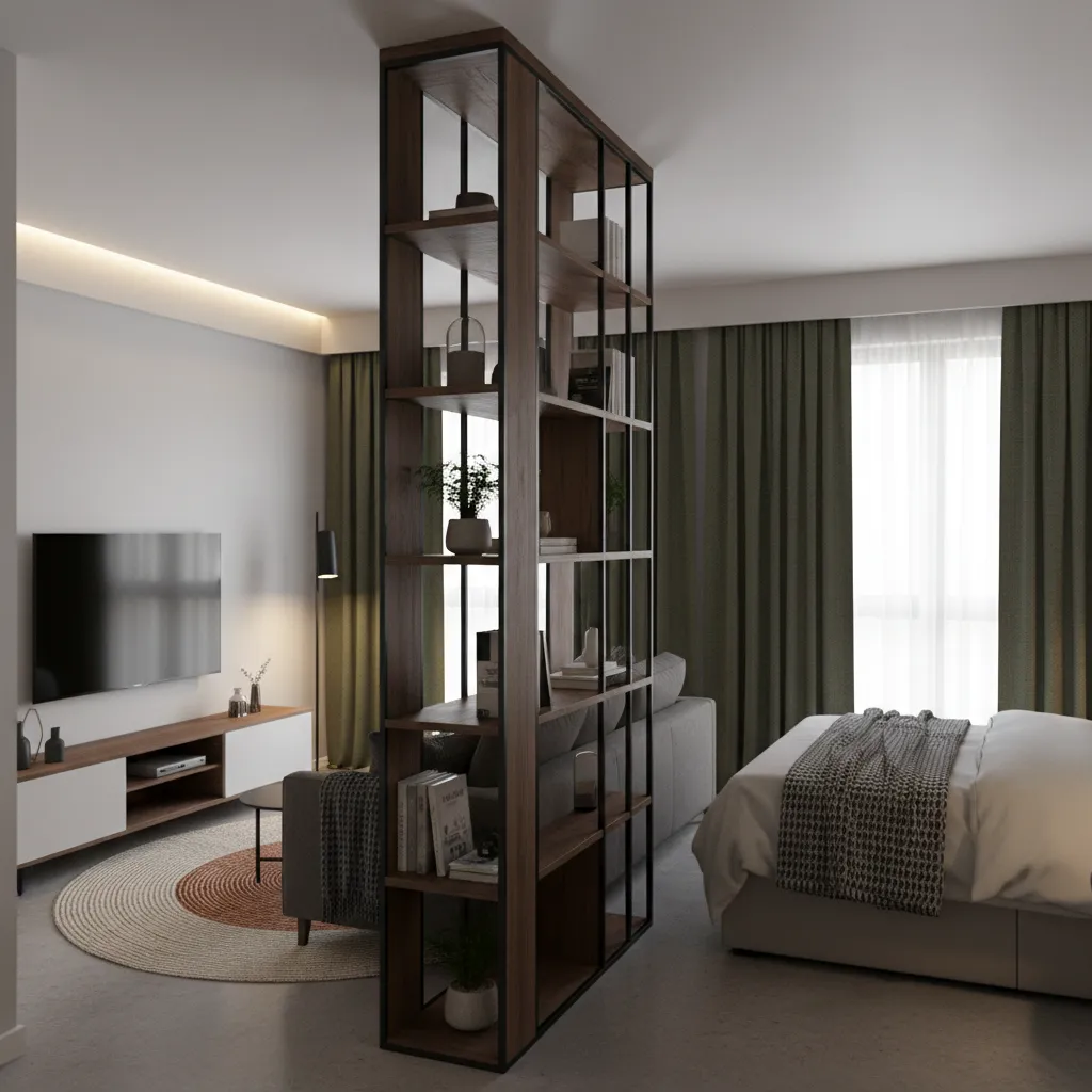 Bookcase divider separating sleeping area from TV area in small shared room