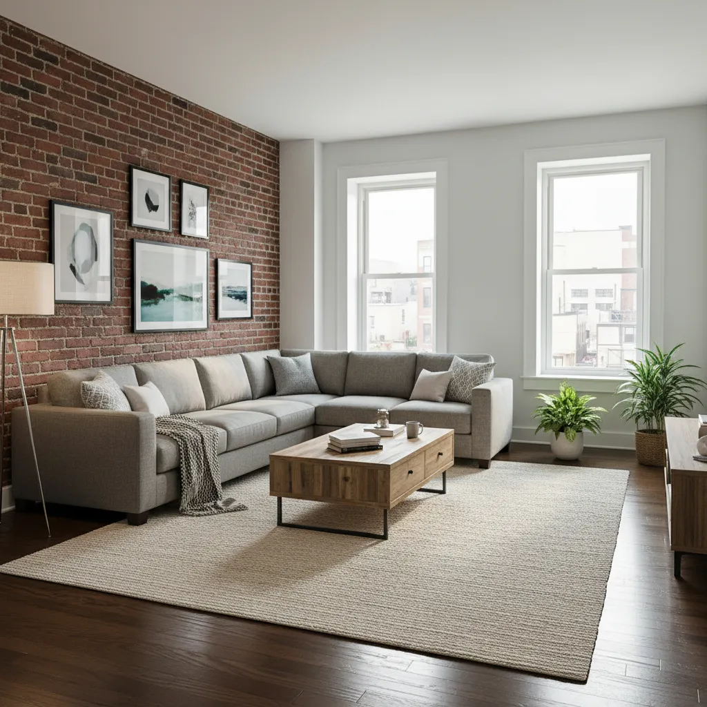 Interior of a shared Baltimore rowhouse living room used by roommates