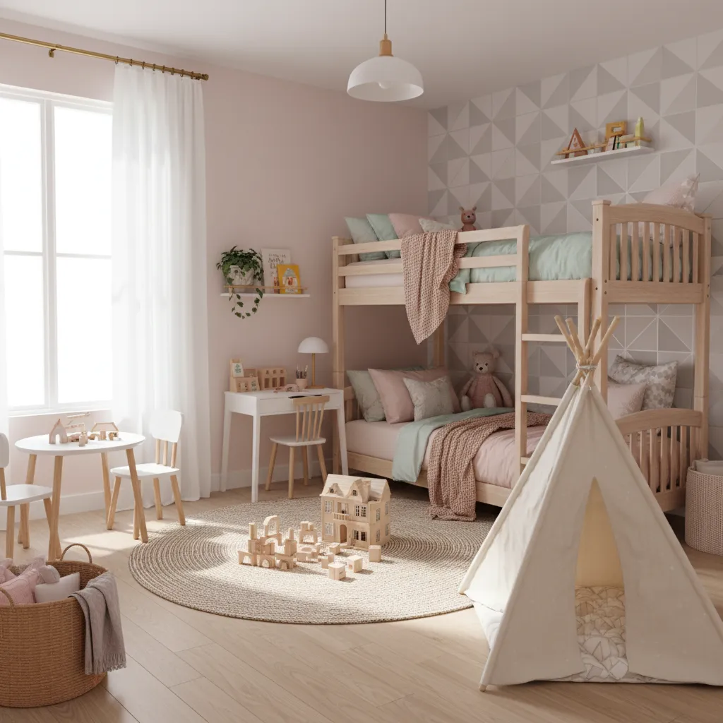 Bright shared bedroom for two sisters with bunk bed and play area