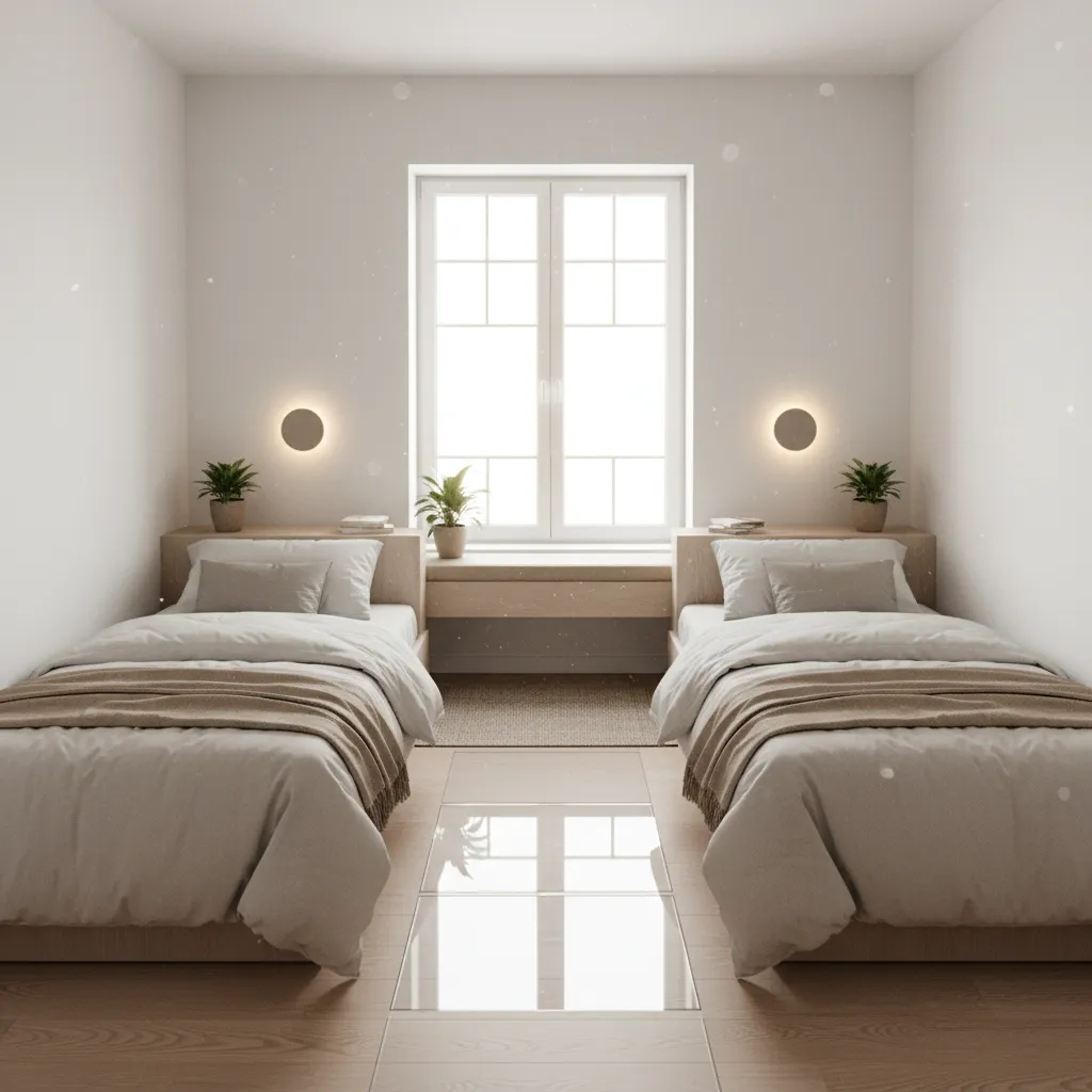 small shared bedroom with two twin beds arranged parallel with safe walking path