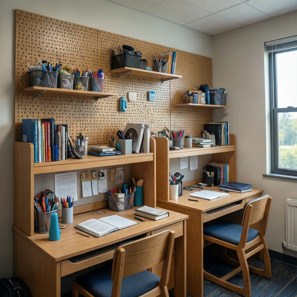 shared dorm wall with pegboard shelves and organized storage