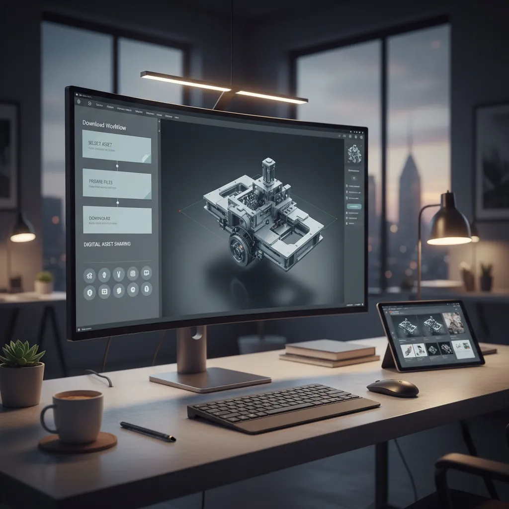 Curved monitor showing a 3D design and process steps on desk with a coffee cup