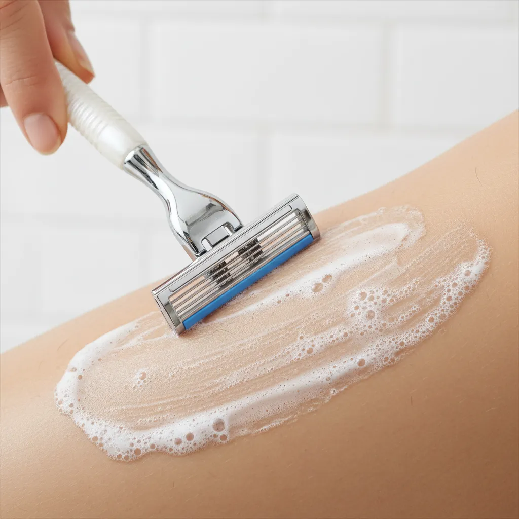 close view of shaving razor removing hair from skin surface demonstrating shaving method