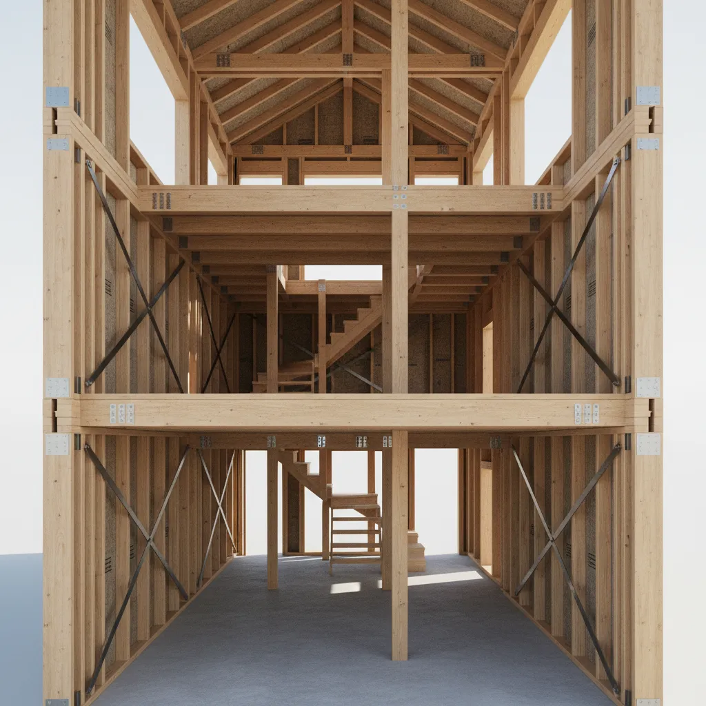 structural shear wall system inside a narrow three story house