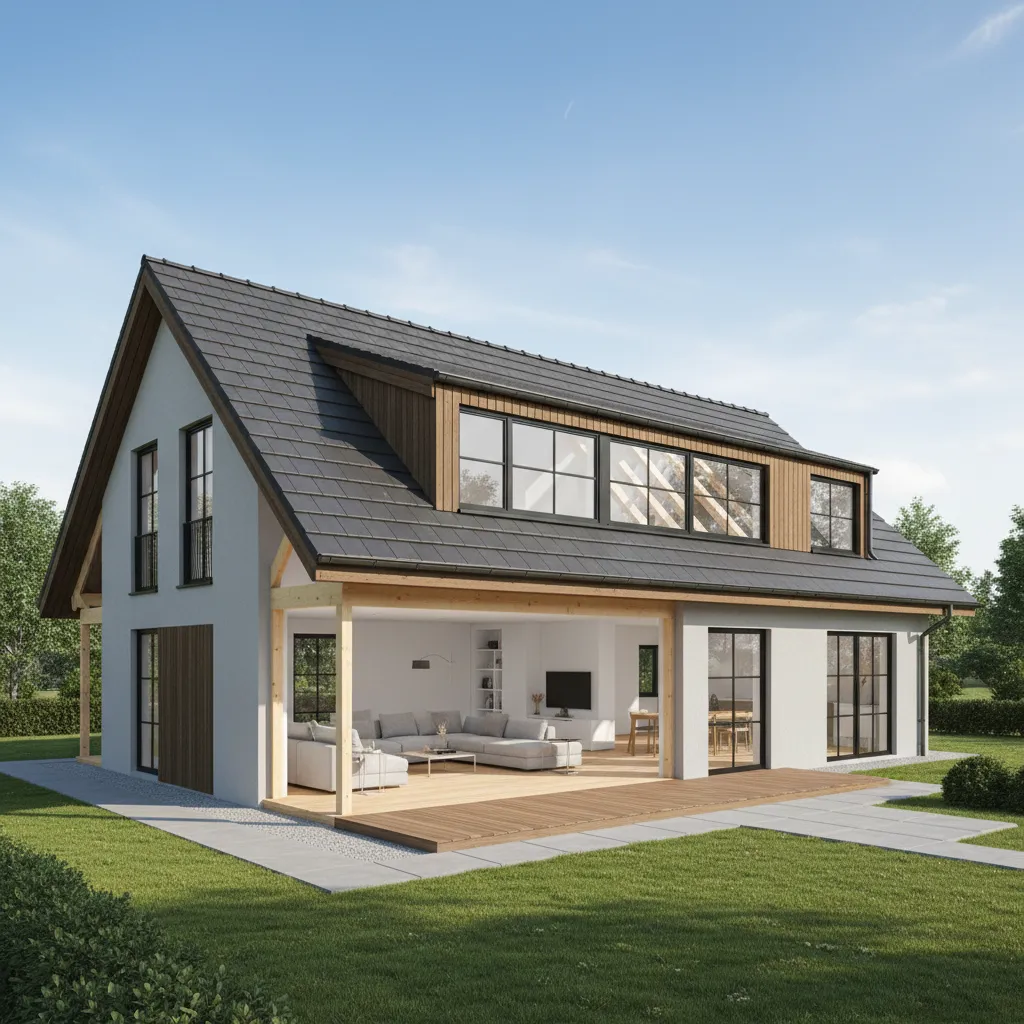 Large shed dormer extending along a roof for attic space