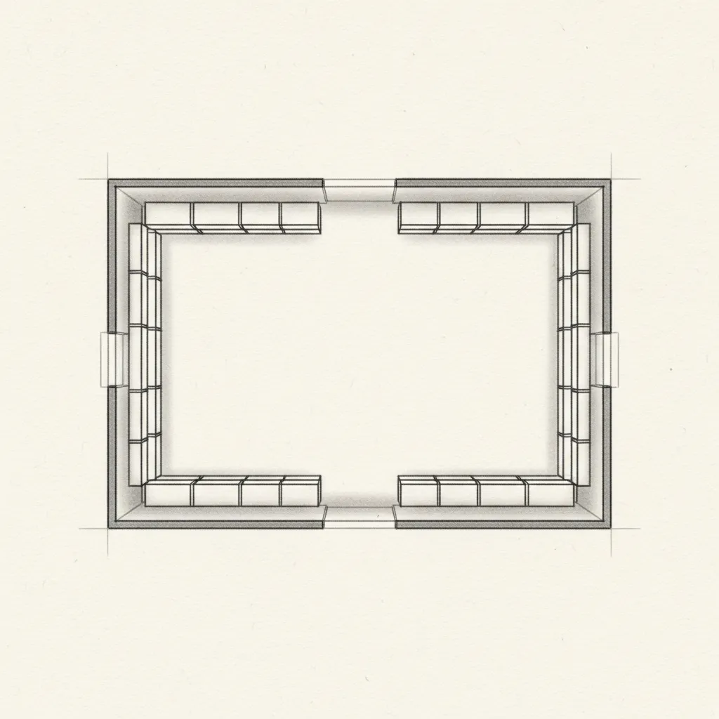 Minimalist interior design drawing of a shed floor plan with wall shelving units on paper