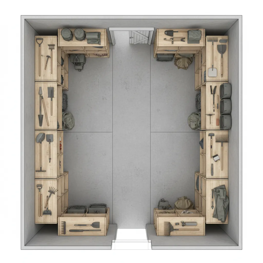 Top view of a storage shed layout featuring wooden shelves with gardening tools and walkway