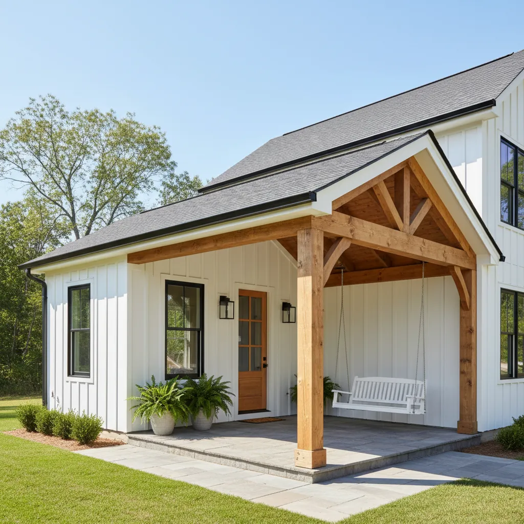 Simple shed style porch roof attached to a small home