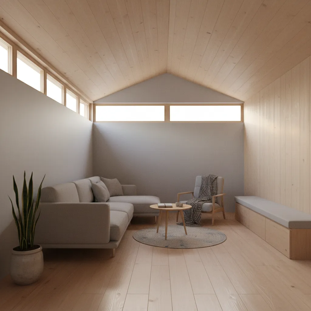 Interior of micro home with sloped ceiling and clerestory windows