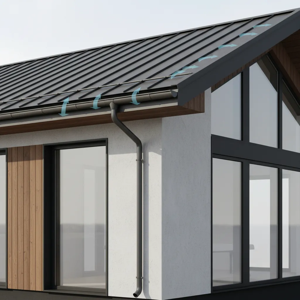 shed roof drainage system with gutter and downspout