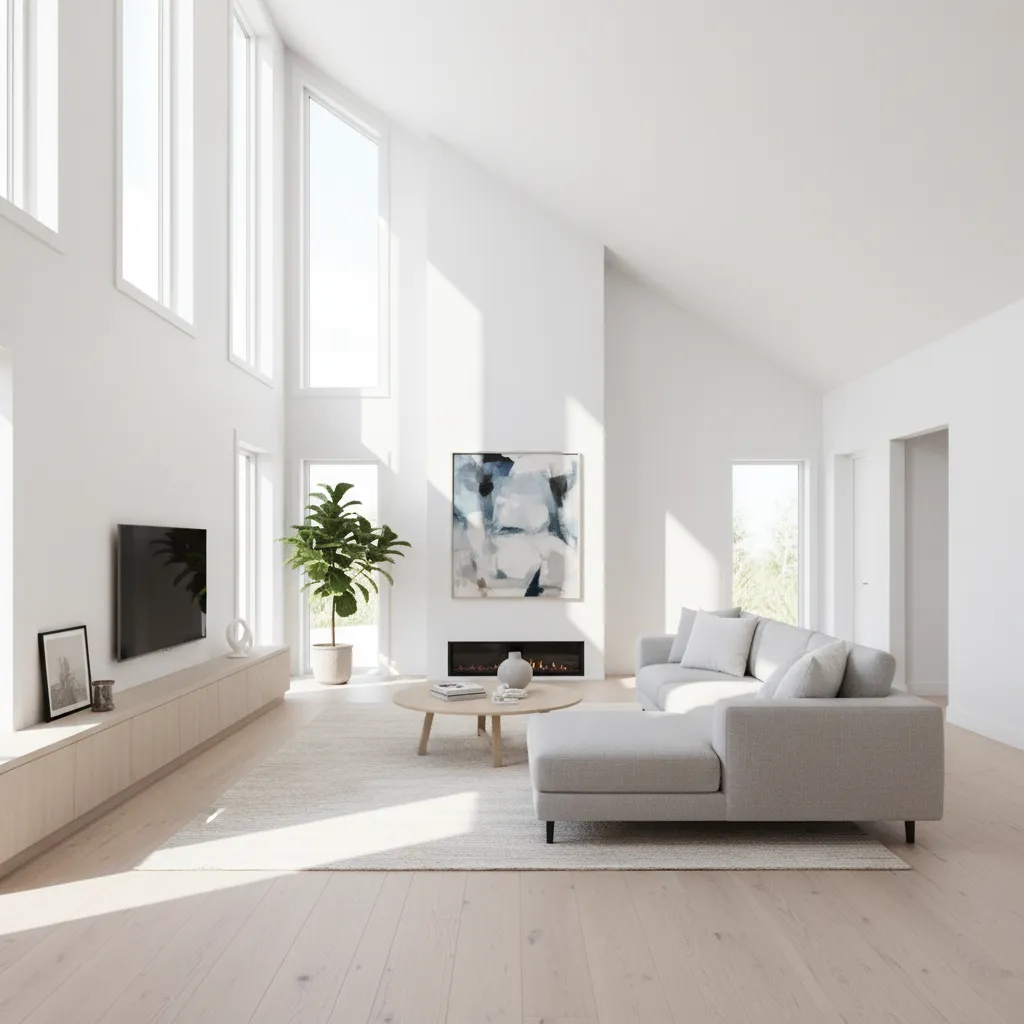 small shed roof house interior with tall clerestory windows bringing daylight inside